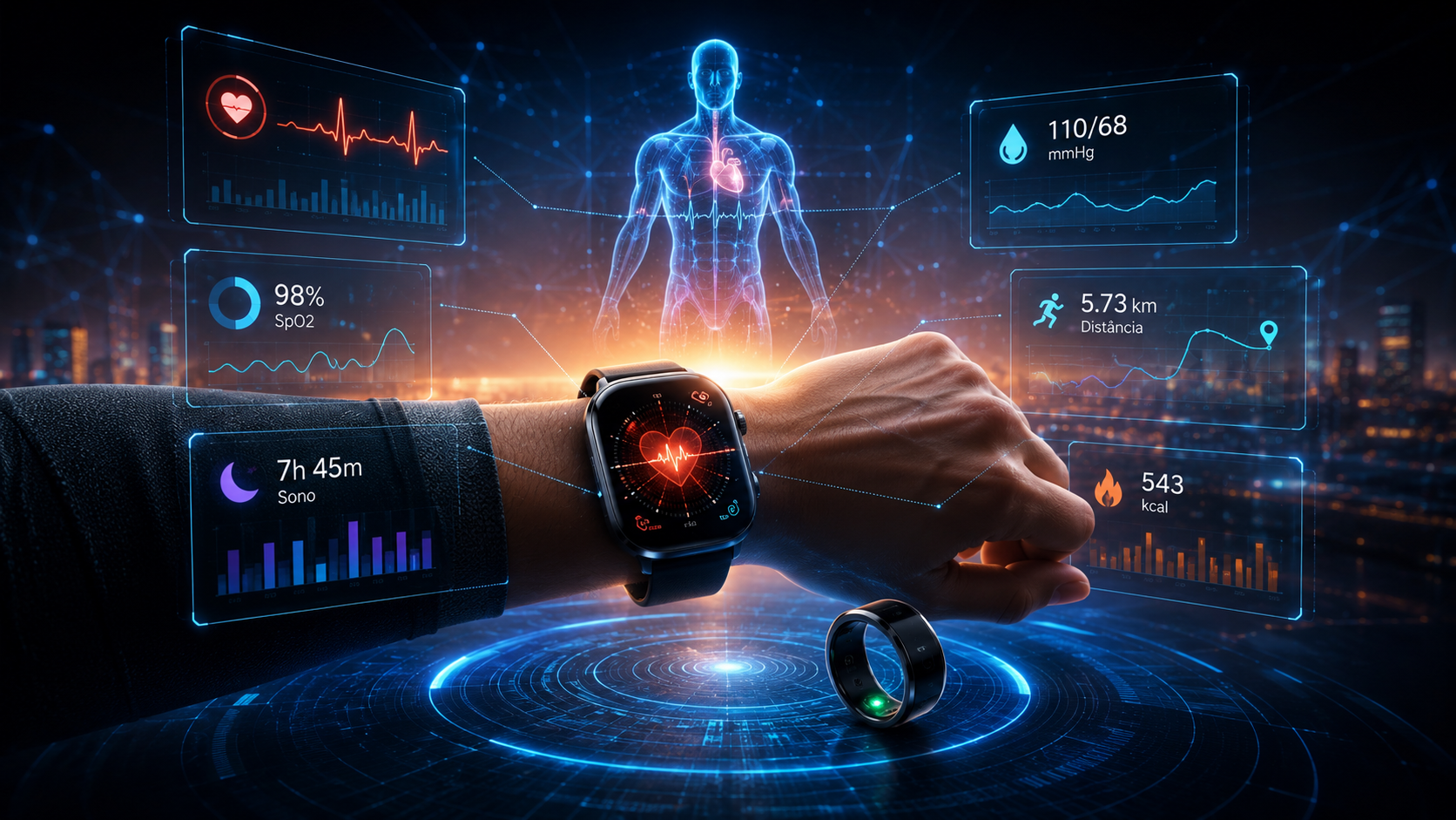 Smartwatch no pulso com dados de saúde — wearables e o futuro da tecnologia